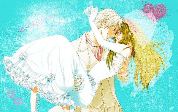 Anime picture 1000x633 with axis powers hetalia studio deen prussia (hetalia) hungary (hetalia) yamada (artist) long hair short hair open mouth blonde hair red eyes bare shoulders holding looking away white hair eyes closed hair flower couple hug happy girl