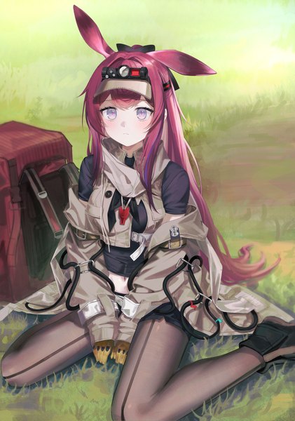 Anime picture 4038x5751 with arknights ray (arknights) zapik single long hair tall image blush highres sitting purple eyes animal ears looking away pink hair absurdres outdoors long sleeves multicolored hair off shoulder two-tone hair bunny ears