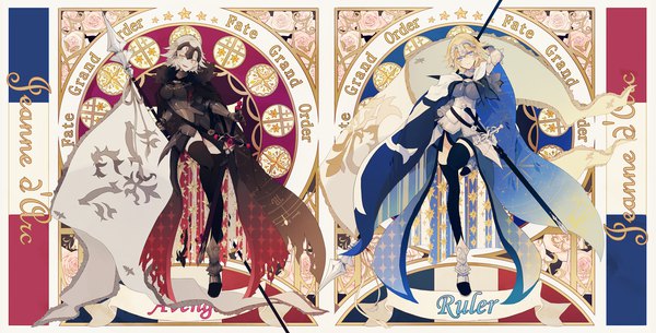 Anime picture 1967x1000 with fate (series) fate/grand order fate/apocrypha jeanne d'arc (fate) (all) jeanne d'arc alter (fate) jeanne d'arc (fate) sagatsu (miicat) looking at viewer highres short hair blue eyes blonde hair wide image multiple girls yellow eyes full body copyright name character names girl thighhighs