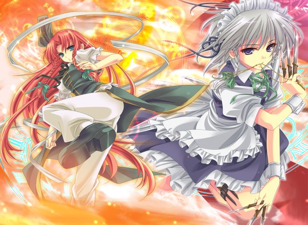 Anime picture 3000x2191 with touhou izayoi sakuya hong meiling moneti (daifuku) long hair highres short hair blue eyes purple eyes multiple girls absurdres red hair braid (braids) grey hair maid twin braids mouth hold magic battle girl