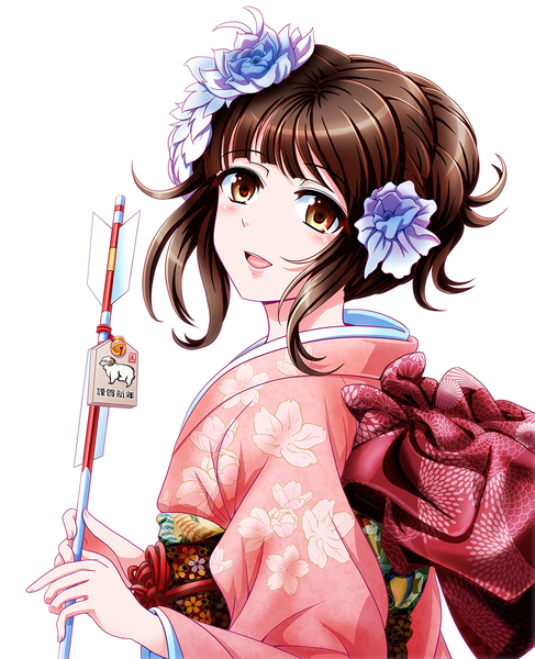 Anime picture 975x1200 with original tk8d32 single long hair tall image fringe open mouth simple background brown hair standing white background holding traditional clothes japanese clothes hair flower hair bun (hair buns) floral print happy new year 2015
