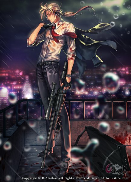 Anime picture 600x831 with unleashed r.alnilam single long hair tall image blonde hair red eyes wet rain wet clothes boy weapon shirt necktie belt white shirt gun blood clock pocket watch