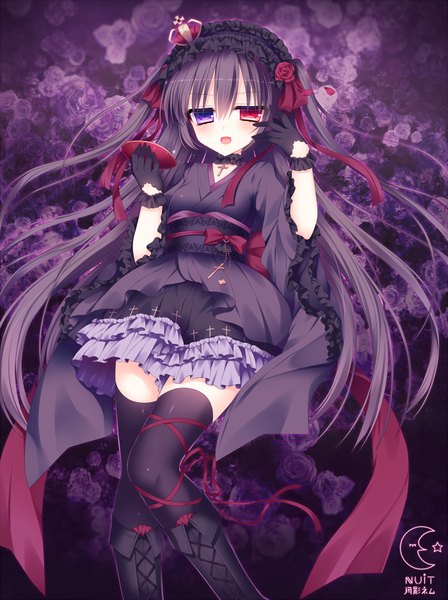 Anime picture 700x937 with original tsukikage nemu single long hair tall image looking at viewer blush open mouth black hair heterochromia girl thighhighs dress gloves flower (flowers) black thighhighs black gloves rose (roses)