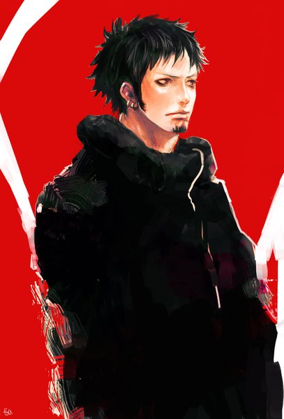Anime picture 937x1379 with one piece toei animation trafalgar law tsuyomaru single tall image short hair black hair simple background signed looking away piercing red background no hat boy beard
