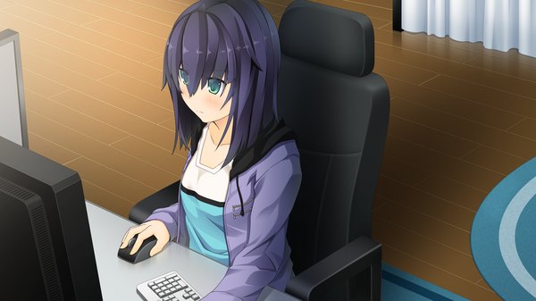 Anime picture 1280x720 with natsuiro asagao residence single blush short hair black hair wide image sitting green eyes game cg girl computer keyboard computer mouse