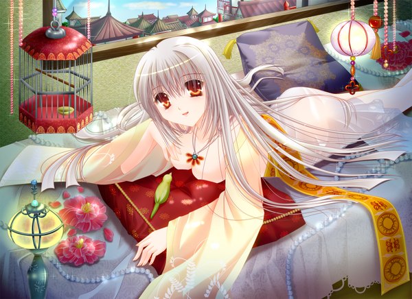 Anime picture 1753x1274 with single long hair highres silver hair white hair orange hair girl flower (flowers) animal pillow bird (birds) bed jewelry lamp cage roof
