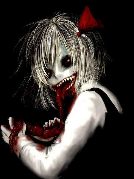 Anime picture 1125x1500 with touhou rumia sakurai haruto single tall image short hair open mouth simple background red eyes white hair looking back teeth black background sharp teeth monster girl guro girl tongue blood