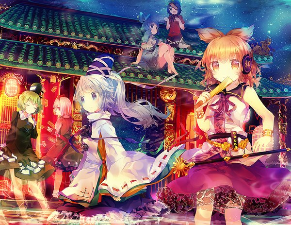 Anime picture 900x695 with touhou ten desires konpaku youmu toyosatomimi no miko kaku seiga mononobe no futo miyako yoshika soga no tojiko namie-kun looking at viewer fringe short hair blue eyes blonde hair smile sitting bare shoulders multiple girls yellow eyes blue hair