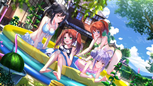 Anime picture 1920x1080 with non non biyori silver link ichijou hotaru miyauchi renge koshigaya komari koshigaya natsumi swordsouls long hair blush fringe highres breasts open mouth blue eyes light erotic black hair smile brown hair wide image large breasts