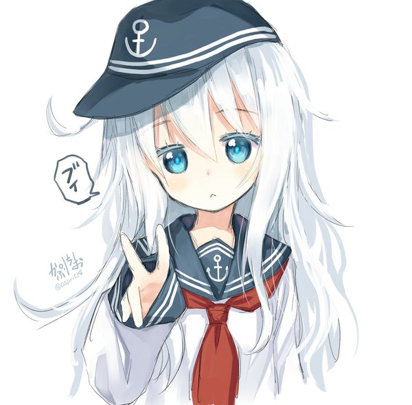 Anime picture 1015x1000 with kantai collection hibiki destroyer capriccio single long hair looking at viewer blush blue eyes simple background white background signed white hair victory :< girl uniform serafuku speech bubble flat cap anchor symbol