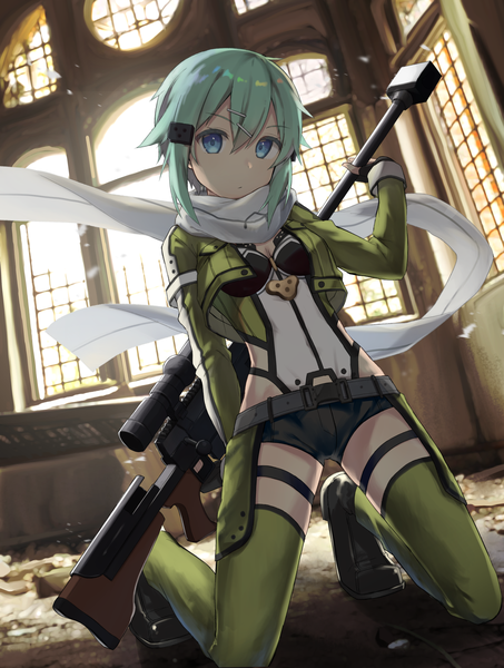 Anime picture 1370x1814 with sword art online a-1 pictures asada shino tadaomi (amomom) single tall image looking at viewer blush fringe short hair blue eyes hair between eyes full body aqua hair kneeling girl gloves weapon window hairclip