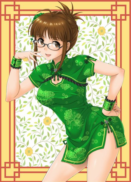 Anime picture 791x1100 with idolmaster akizuki ritsuko hida tatsuo single tall image looking at viewer short hair open mouth brown hair brown eyes hand on hip chinese clothes girl flower (flowers) glasses chinese dress