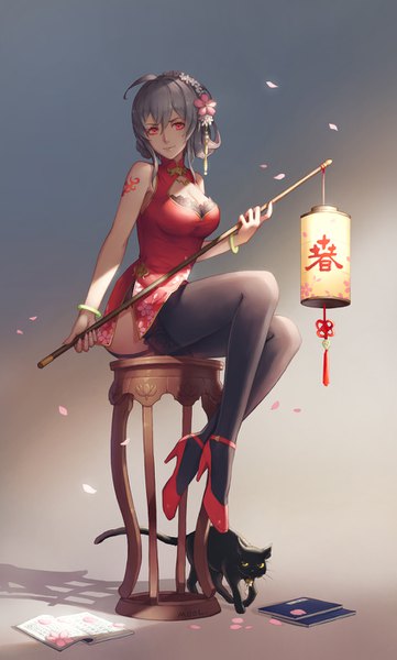 Anime picture 846x1403 with original mool yueguang single tall image looking at viewer short hair breasts light erotic smile red eyes sitting bare shoulders holding cleavage full body ahoge bent knee (knees) traditional clothes hair flower grey hair