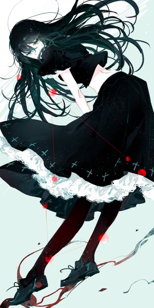 Anime picture 1500x3000 with original moss (2225028) single long hair tall image looking at viewer black hair green eyes midriff leaning floating hair weightlessness constellation zodiac capricorn (zodiac) girl thighhighs skirt black thighhighs shoes