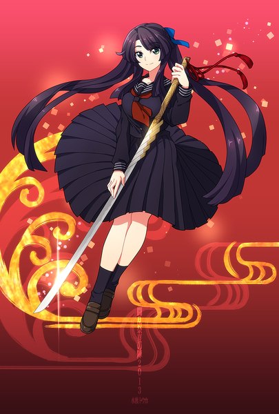 Anime picture 689x1020 with original hazuki gean single long hair tall image black hair twintails black eyes girl skirt weapon sword socks serafuku black socks