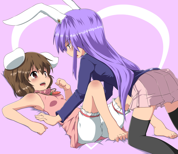 Anime picture 2300x2000 with touhou reisen udongein inaba inaba tewi noa (nicovideo3269329) long hair blush highres short hair open mouth red eyes brown hair multiple girls purple hair bunny ears tears bunny girl shoujo ai girl thighhighs black thighhighs