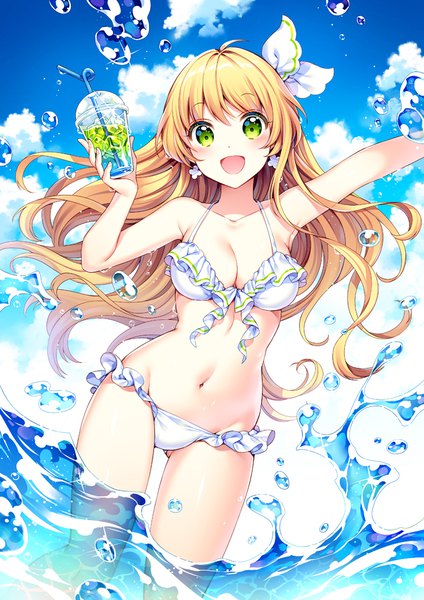 Anime picture 706x1000 with original nardack single long hair tall image looking at viewer blush fringe breasts open mouth light erotic blonde hair green eyes sky cloud (clouds) ahoge sparkle partially submerged outstretched arm groin