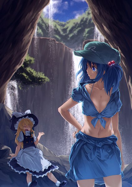 Anime picture 724x1023 with touhou kirisame marisa kawashiro nitori ibuki notsu long hair tall image breasts blue eyes light erotic blonde hair twintails multiple girls blue hair cleavage no bra witch waterfall girl hair ornament 2 girls