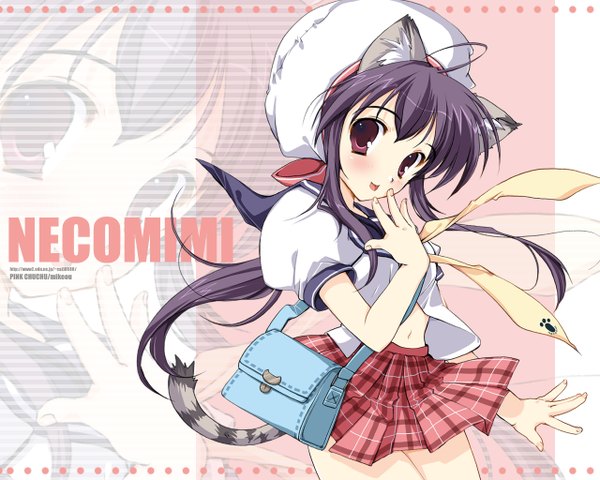 Anime picture 1280x1024 with mikeou long hair looking at viewer red eyes animal ears pleated skirt bare legs cat girl finger to mouth wind lift girl skirt navel hat bag handbag