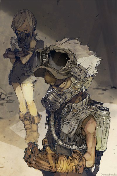 Anime picture 837x1256 with original demizu posuka tall image looking at viewer short hair blonde hair standing signed white hair dark skin looking down hands clasped goggles on head post-apocalyptic girl boy gloves boots white gloves vest