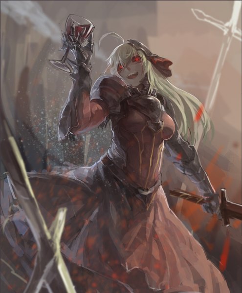 Anime picture 2528x3062 with original azomo single long hair tall image looking at viewer highres open mouth blonde hair red eyes ahoge teeth girl dress weapon sword headdress armor blood wine glass