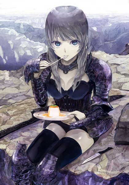 Anime picture 833x1189 with original shrimpman single long hair tall image looking at viewer breasts blue eyes brown hair large breasts sitting holding eating rock girl thighhighs black thighhighs choker food armor