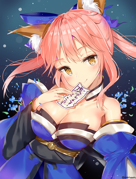 Anime picture 700x922 with fate (series) fate/extra tamamo (fate) (all) tamamo no mae (fate) melang b single long hair tall image looking at viewer blush breasts light erotic simple background large breasts twintails bare shoulders holding signed animal ears yellow eyes