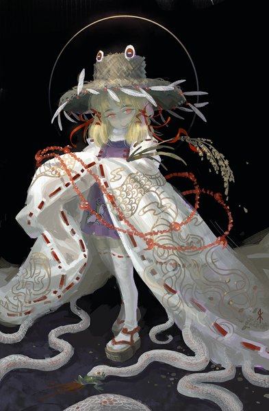 Anime picture 656x1000 with touhou moriya suwako mishaguji seeker single long hair tall image blonde hair smile red eyes signed wide sleeves eating girl thighhighs dress ribbon (ribbons) plant (plants) hair ribbon hat