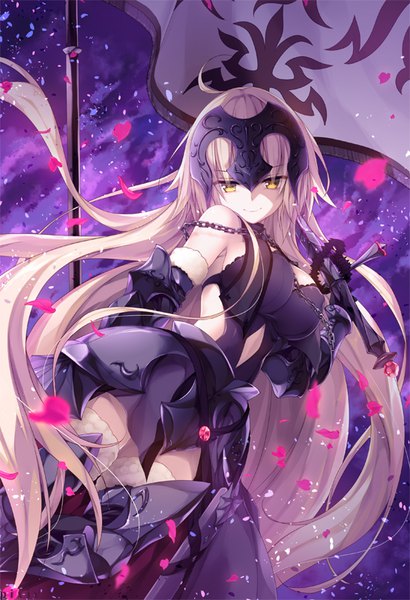 Anime picture 547x800 with fate (series) fate/grand order fate/apocrypha jeanne d'arc (fate) (all) jeanne d'arc alter (fate) jeanne d'arc alter (avenger) (third ascension) (fate) konomi (kino konomi) single long hair tall image looking at viewer breasts light erotic blonde hair large breasts yellow eyes light smile off shoulder girl weapon