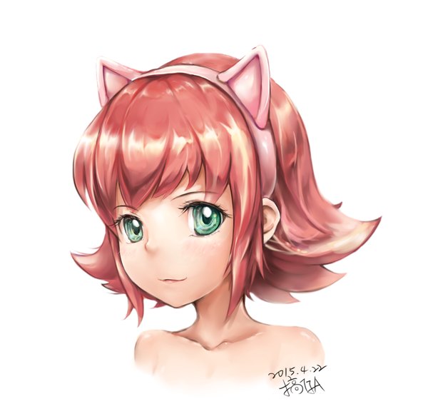 Anime picture 979x947 with league of legends annie (league of legends) lancer0519 single fringe short hair simple background white background bare shoulders green eyes animal ears red hair light smile fake animal ears girl
