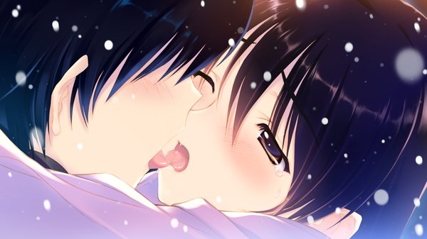 Anime picture 1280x720 with white album 2 blush short hair black hair wide image brown eyes game cg tears kiss french kiss girl boy scarf