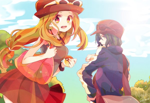 Anime picture 1200x831 with pokemon pokemon xy nintendo serena (pokemon) calme (pokemon) nicole (usako) long hair looking at viewer short hair open mouth blue eyes black hair blonde hair bare shoulders signed sky cloud (clouds) profile pleated skirt hand on hip