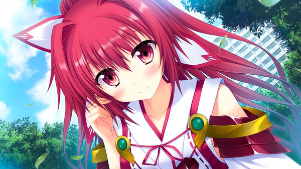Anime picture 1280x720 with koiken otome yasukuni akane long hair looking at viewer blush smile red eyes wide image game cg red hair girl dress bow hair bow leaf (leaves)