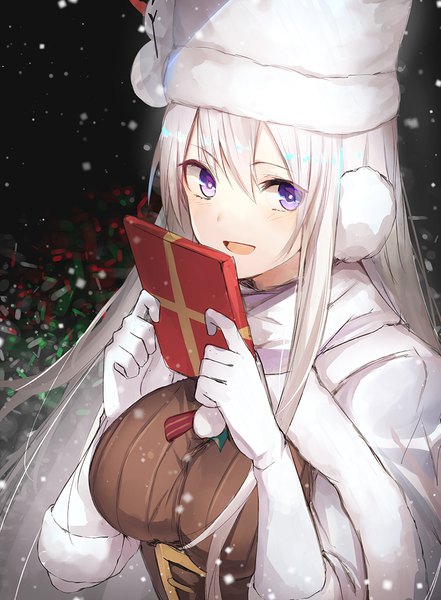 Anime picture 800x1088 with azur lane enterprise (azur lane) enterprise (reindeer master) (azur lane) luse maonang single long hair tall image looking at viewer fringe open mouth hair between eyes purple eyes silver hair upper body :d from above christmas girl gloves hat