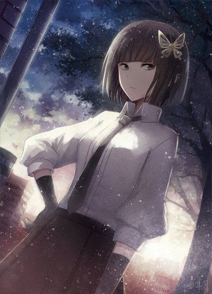 Anime picture 620x858 with bungou stray dogs studio bones yosano akiko angel31424 single tall image looking at viewer short hair black hair brown eyes girl skirt gloves hair ornament shirt black gloves necktie butterfly hair ornament