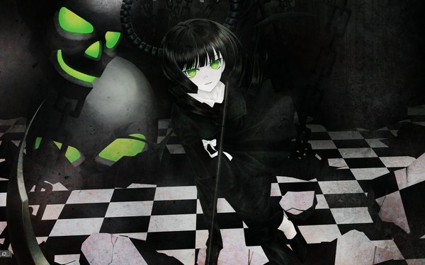 Anime picture 1680x1050 with black rock shooter vocaloid dead master wide image green eyes horn (horns) checkered floor checkered background destruction girl weapon skull