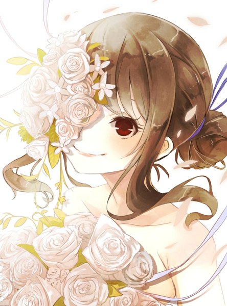 Anime picture 741x1000 with original reio reio single long hair tall image looking at viewer fringe simple background smile red eyes brown hair white background bare shoulders hair bun (hair buns) light close-up covering eye (eyes) flower over eye girl flower (flowers)