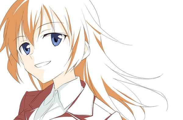 Anime picture 1600x1050 with strike witches charlotte e yeager agahari single long hair looking at viewer blue eyes simple background smile white background wind orange hair portrait girl