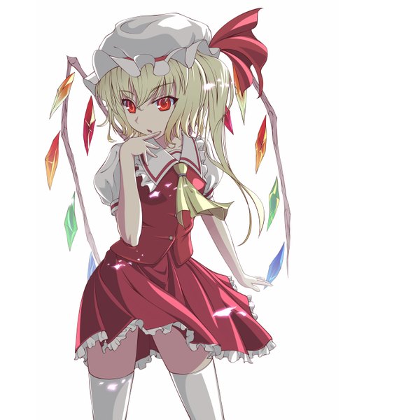 Anime picture 1500x1500 with touhou flandre scarlet supertie single short hair blonde hair simple background red eyes white background finger to mouth girl thighhighs skirt miniskirt shirt white thighhighs wings bonnet skirt set crystal