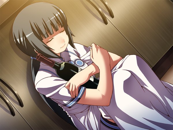 Anime picture 1024x768 with hotel (game) tagme (character) single long hair black hair sitting game cg eyes closed girl bottle