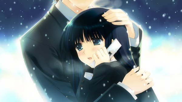 Anime picture 1280x720 with white album 2 touma kazusa long hair blush blue eyes black hair wide image game cg tears girl phone