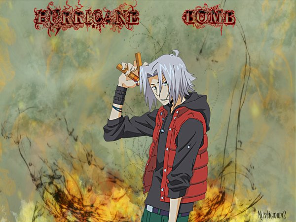 Anime picture 1600x1200 with katekyou hitman reborn gokudera hayato single looking at viewer fringe short hair hair between eyes standing holding signed upper body ahoge parted lips arm up grey hair inscription grey background open jacket grey eyes text