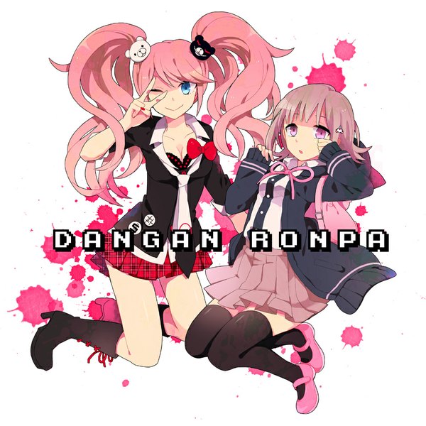 Anime picture 930x930 with dangan ronpa super dangan ronpa 2 enoshima junko nanami chiaki torinotori29 long hair fringe breasts blue eyes light erotic simple background smile white background twintails multiple girls pink hair bent knee (knees) parted lips one eye closed pink eyes