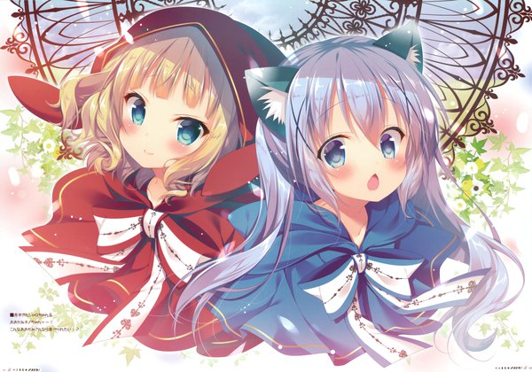 Anime picture 4801x3366 with gochuumon wa usagi desu ka? white fox kafuu chino kirima sharo mitsumomo mamu long hair looking at viewer blush highres short hair open mouth blue eyes blonde hair twintails multiple girls animal ears blue hair absurdres scan loli