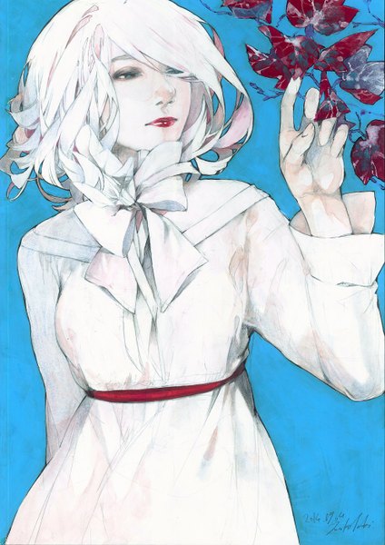 Anime picture 990x1400 with original futami jun single tall image fringe short hair simple background signed white hair aqua eyes lips hair over one eye lipstick blue background eyebrows red lipstick girl bow insect butterfly