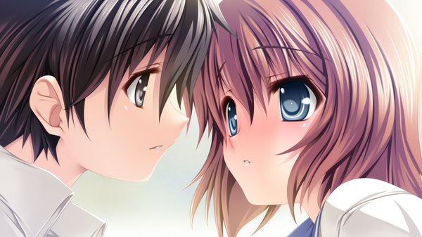 Anime picture 1280x720 with dolphin divers tokiwa yuri senomoto hisashi short hair blue eyes black hair brown hair wide image game cg face to face girl boy