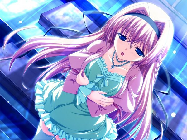 Anime picture 1024x768 with sacred vampire (game) long hair open mouth blue eyes blonde hair game cg braid (braids) crossed arms singing girl dress ribbon (ribbons) hair ribbon hairband jewelry cross necklace beads stairs prayer beads