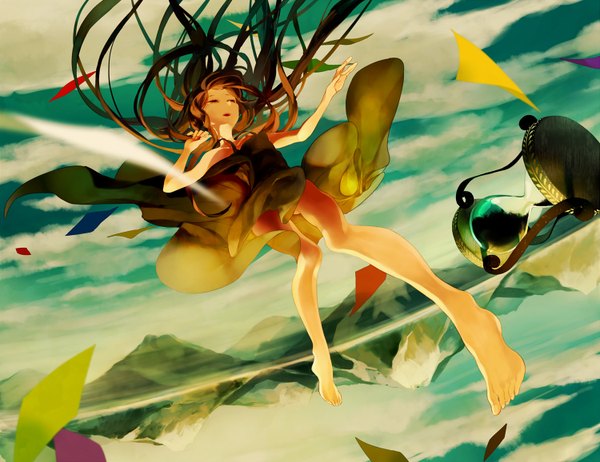 Anime picture 1500x1156 with gou (tomero) long hair brown hair sky cloud (clouds) eyes closed barefoot reflection mountain falling girl dress water clock hourglass