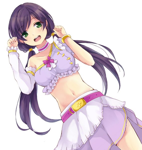 Anime picture 974x1025 with love live! school idol project sunrise (studio) love live! toujou nozomi niina single long hair tall image blush breasts open mouth simple background standing white background twintails green eyes purple hair bare belly low twintails paw pose
