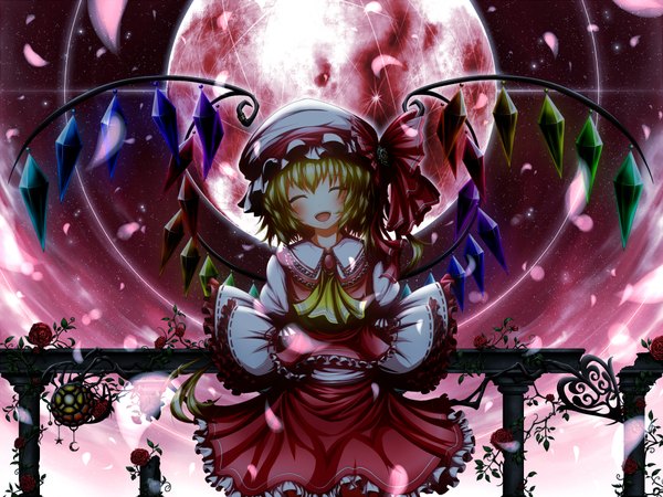 Anime picture 2000x1500 with touhou flandre scarlet ugume single blush highres short hair open mouth blonde hair eyes closed red moon girl dress skirt flower (flowers) petals wings frills rose (roses) bonnet